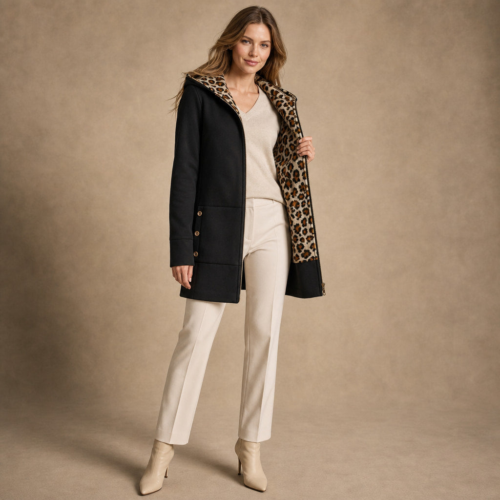 Hooded Winter Jacket Leopard Print Black – Interior Lining Detail