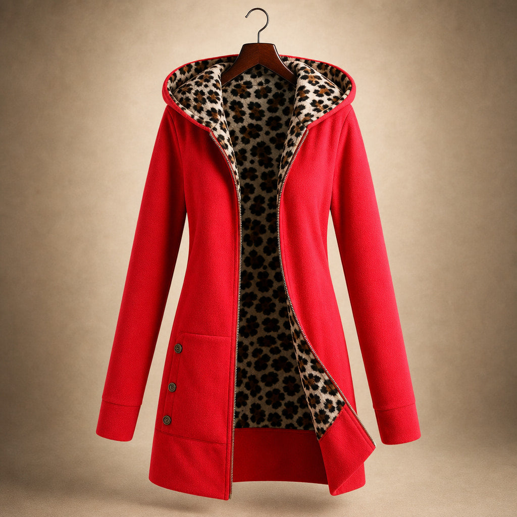 Hooded Winter Jacket Leopard Print Red – Product Photo
