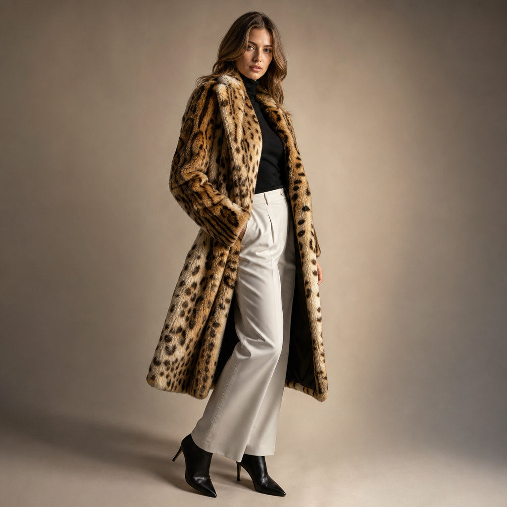 Leopard Print Winter Jacket Brown Brown – Side Angle View
