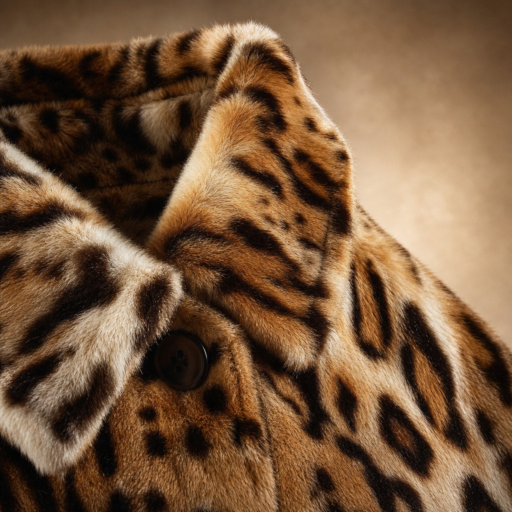 Leopard Print Winter Jacket Brown Brown – Fabric and Detail Close-Up