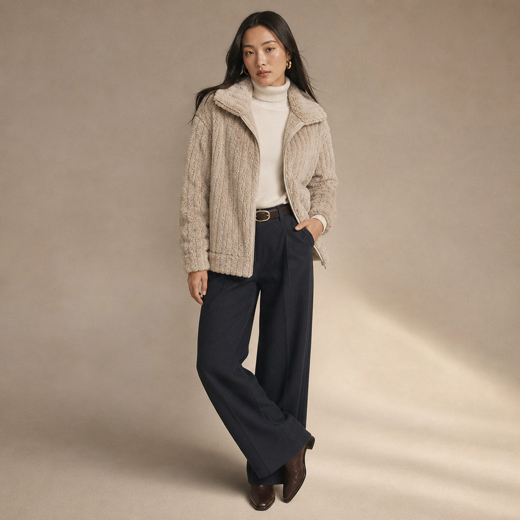 Plush Zip-Front Winter Jacket Beige – Side Angle View