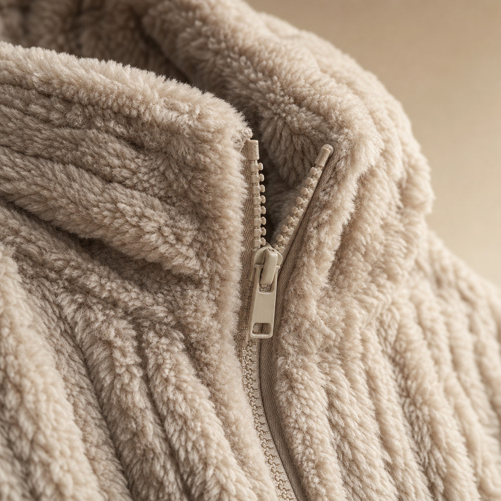 Plush Zip-Front Winter Jacket Beige – Fabric and Detail Close-Up