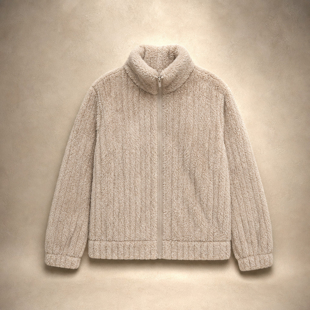 Plush Zip-Front Winter Jacket Beige – Flat Lay Product Photo
