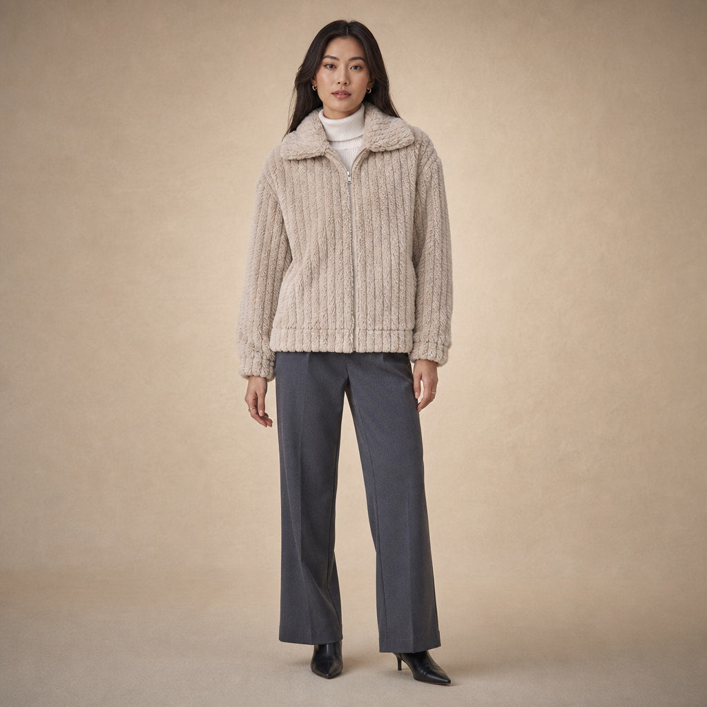 Plush Zip-Front Winter Jacket in Beige – Mampierimoda Premium Womenswear