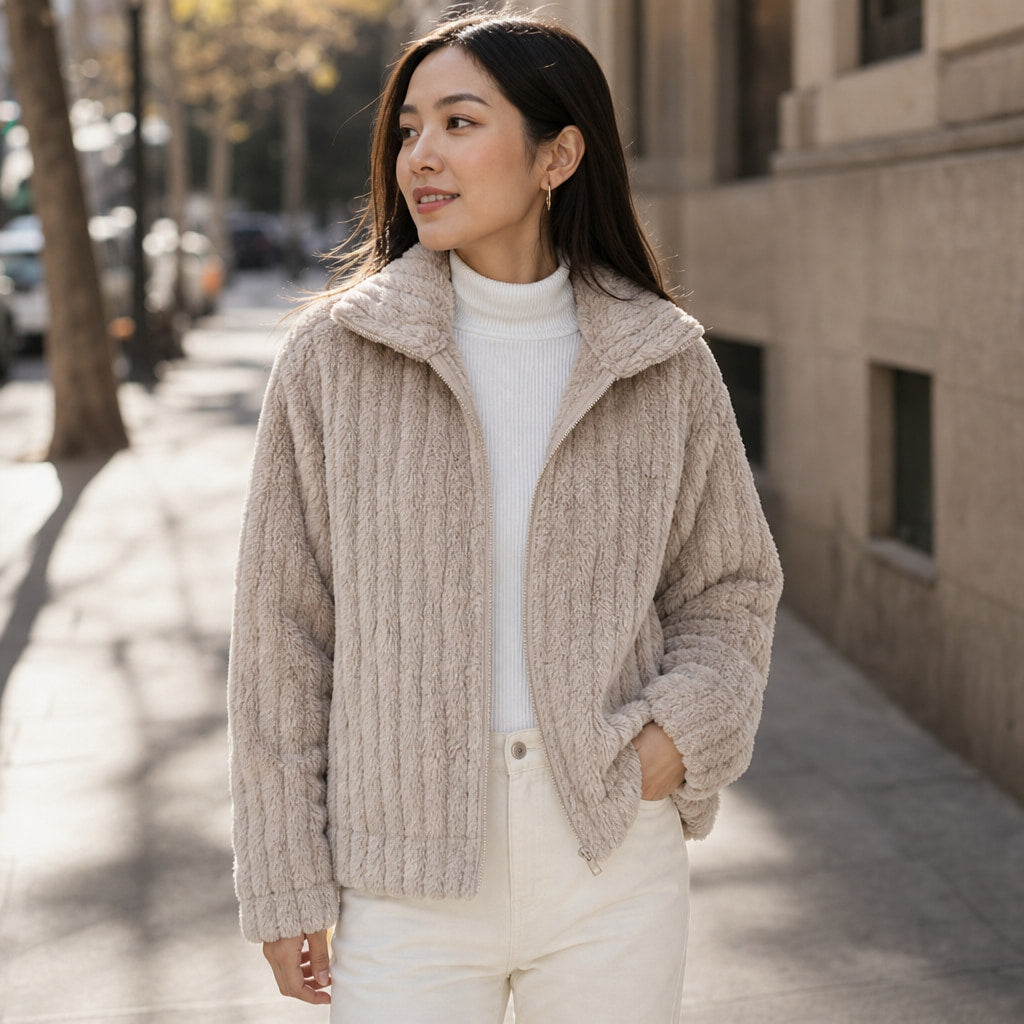 Plush Zip-Front Winter Jacket Beige – Styled Editorial Shot