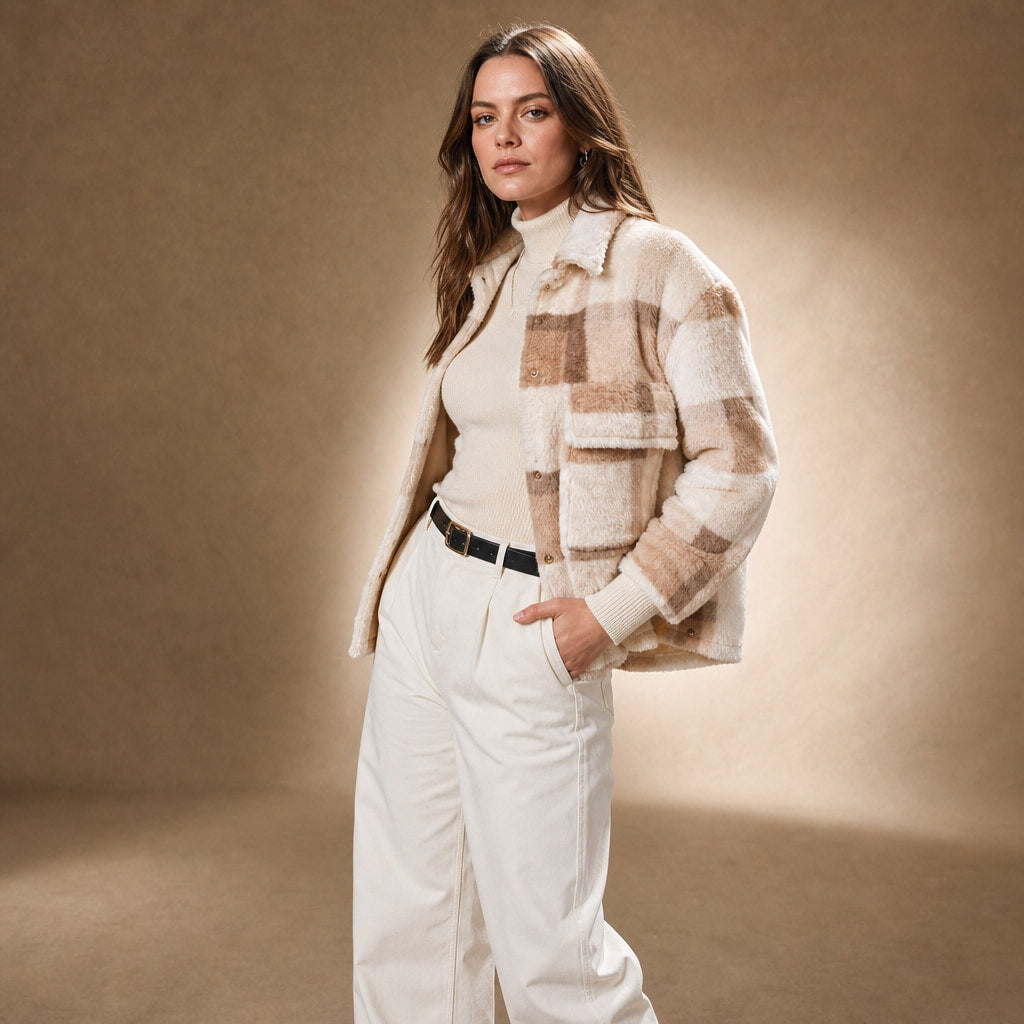 Checked Velvet Jacket High Collar White White – Side Angle View