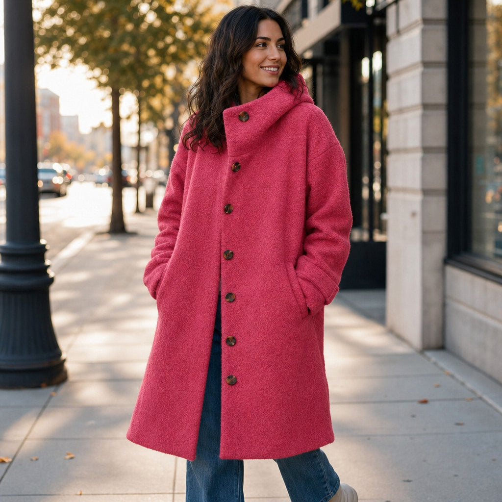 Giacca Invernale Lunga da Donna Slim Fit con Tasche Rosa Scuro – Styled Editorial Shot