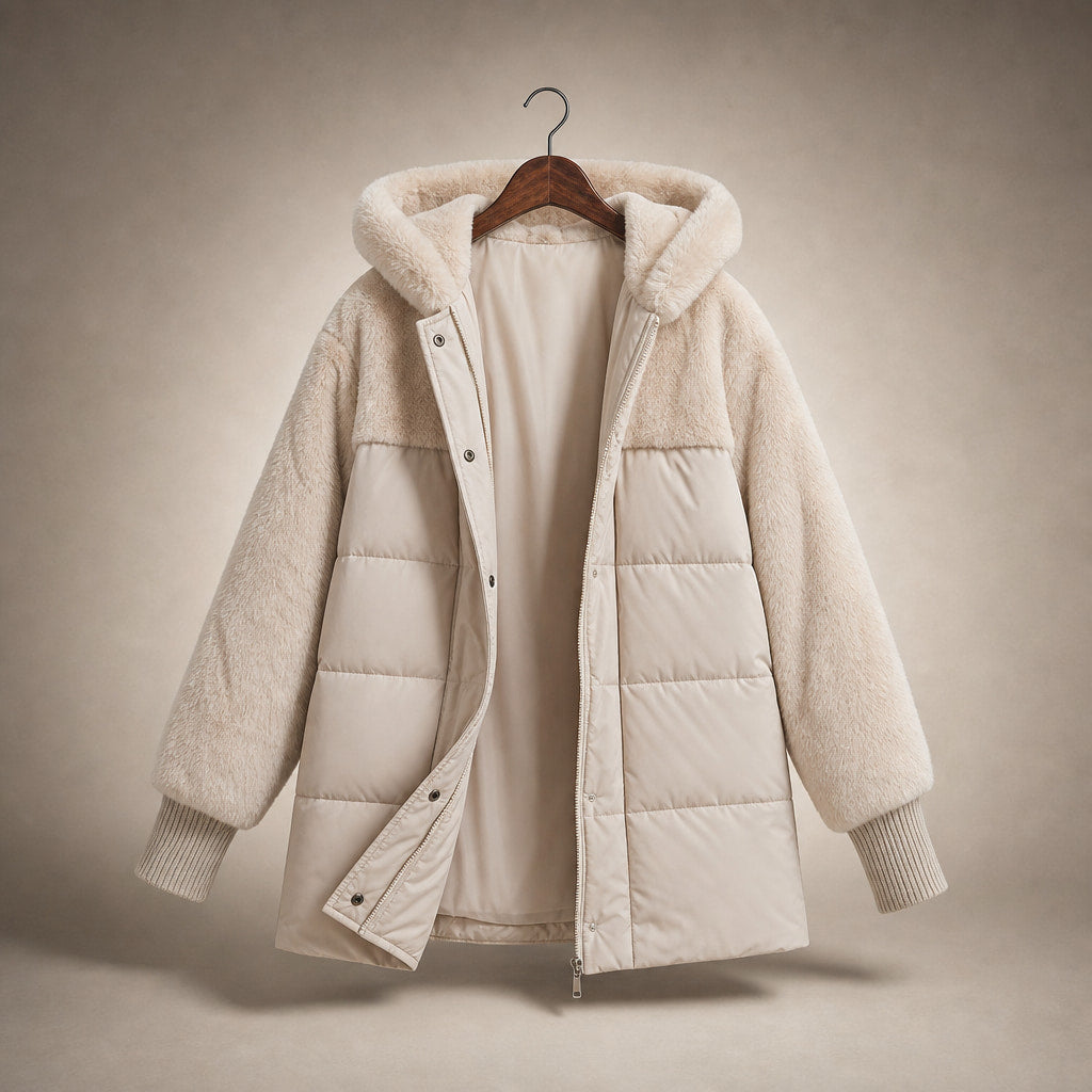Giacca Puffer Invernale da Donna Oversize con Design Patchwork e Cappuccio Beige – Product Photo
