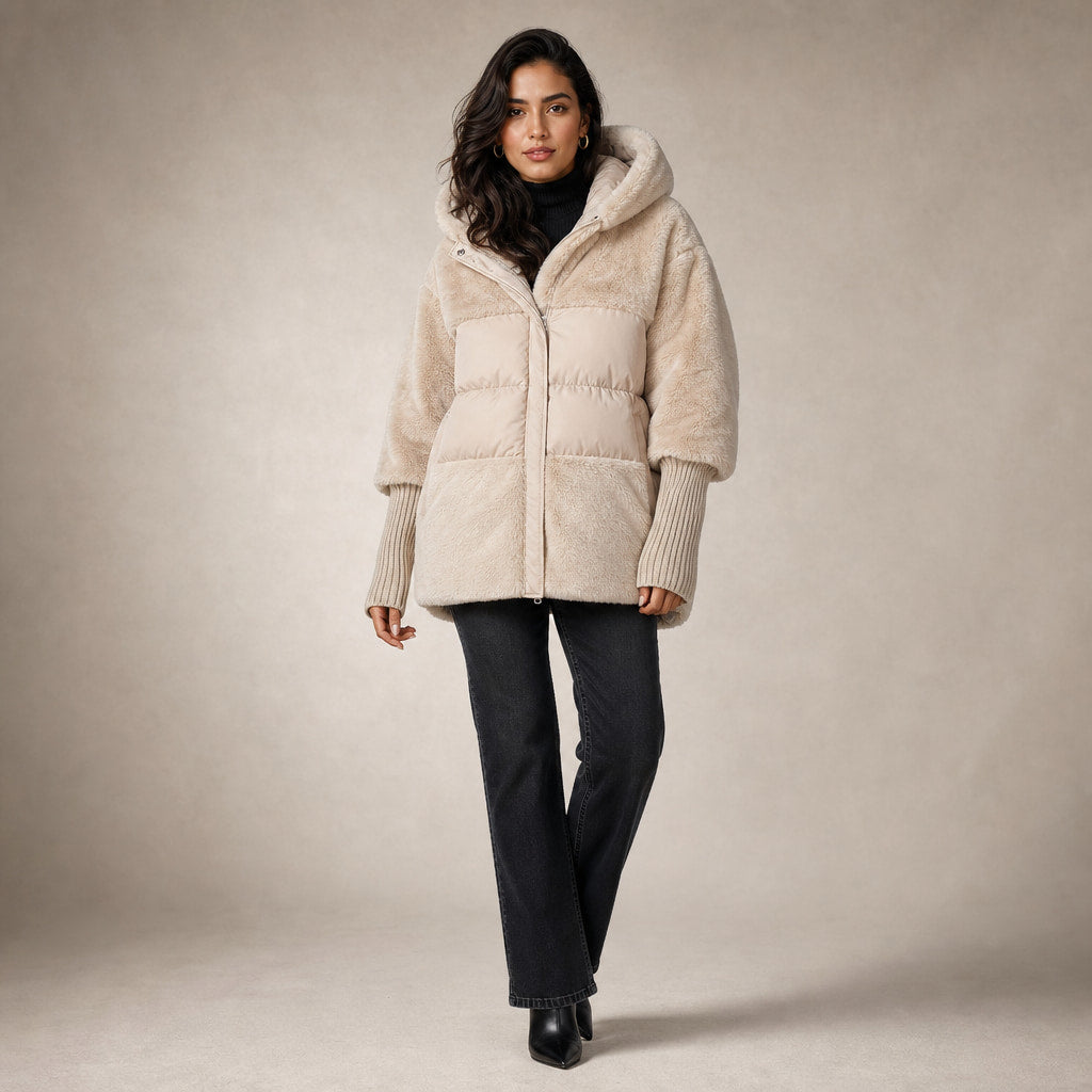 Giacca Puffer Invernale da Donna Oversize con Design Patchwork e Cappuccio in Beige – Mampierimoda Premium Womenswear