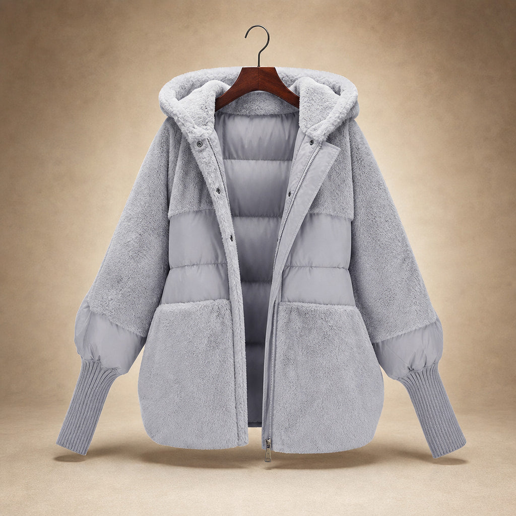 Giacca Puffer Invernale da Donna Oversize con Design Patchwork e Cappuccio Grigio – Product Photo