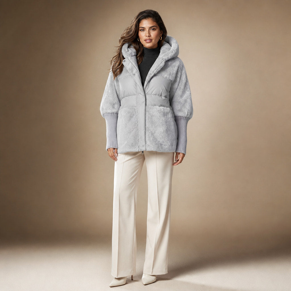 Giacca Puffer Invernale da Donna Oversize con Design Patchwork e Cappuccio in Grigio – Mampierimoda Premium Womenswear