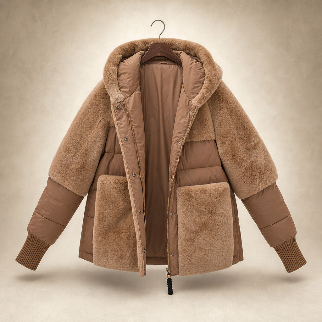 Giacca Puffer Invernale da Donna Oversize con Design Patchwork e Cappuccio Marrone – Product Photo