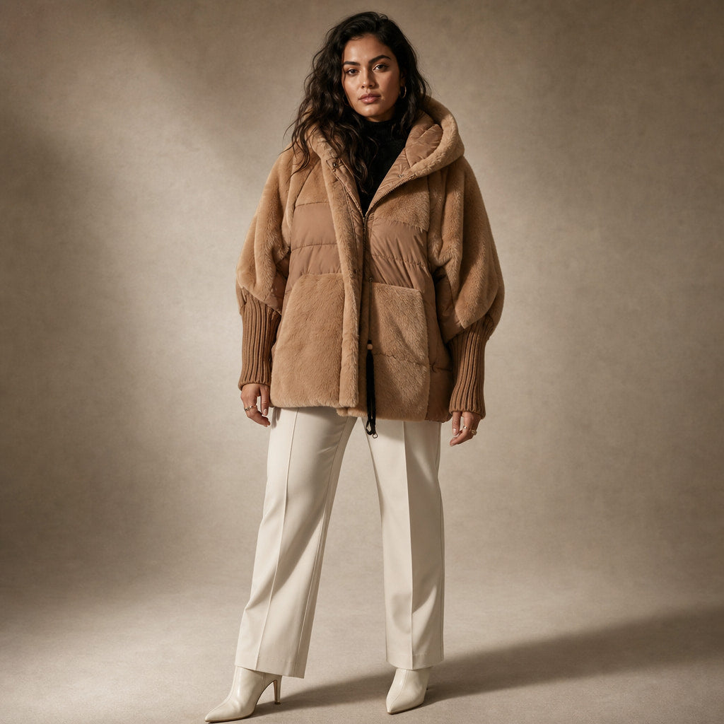 Giacca Puffer Invernale da Donna Oversize con Design Patchwork e Cappuccio in Marrone – Mampierimoda Premium Womenswear