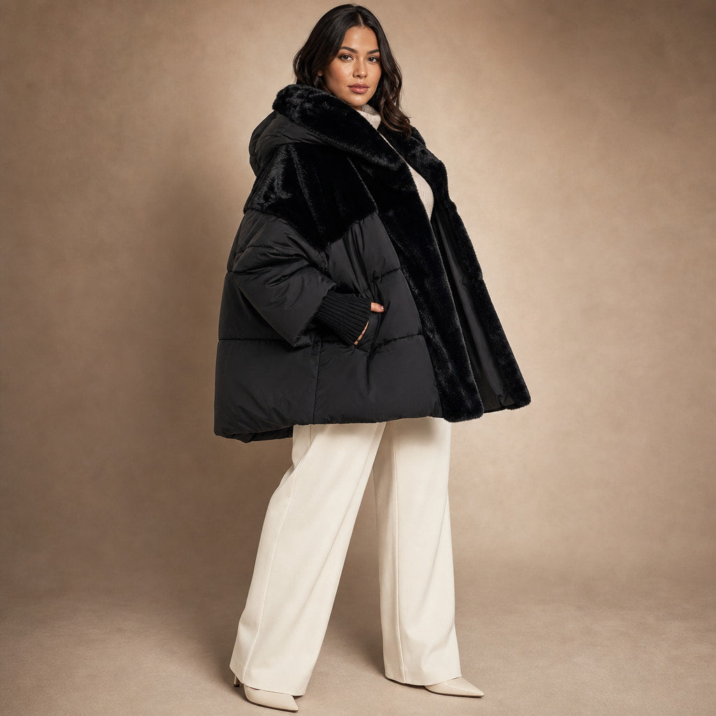 Giacca Puffer Invernale da Donna Oversize con Design Patchwork e Cappuccio Nero – Side Angle View