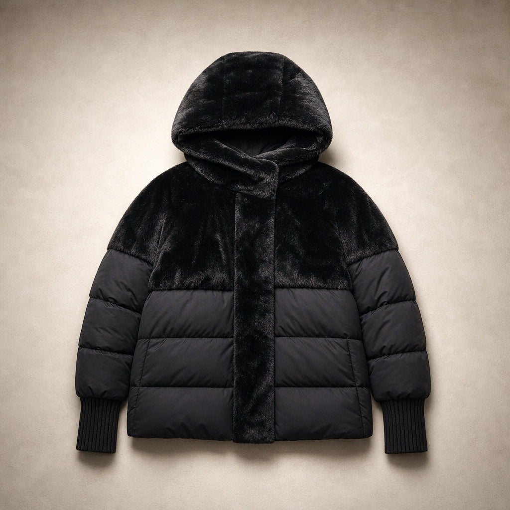 Giacca Puffer Invernale da Donna Oversize con Design Patchwork e Cappuccio Nero – Flat Lay Product Photo