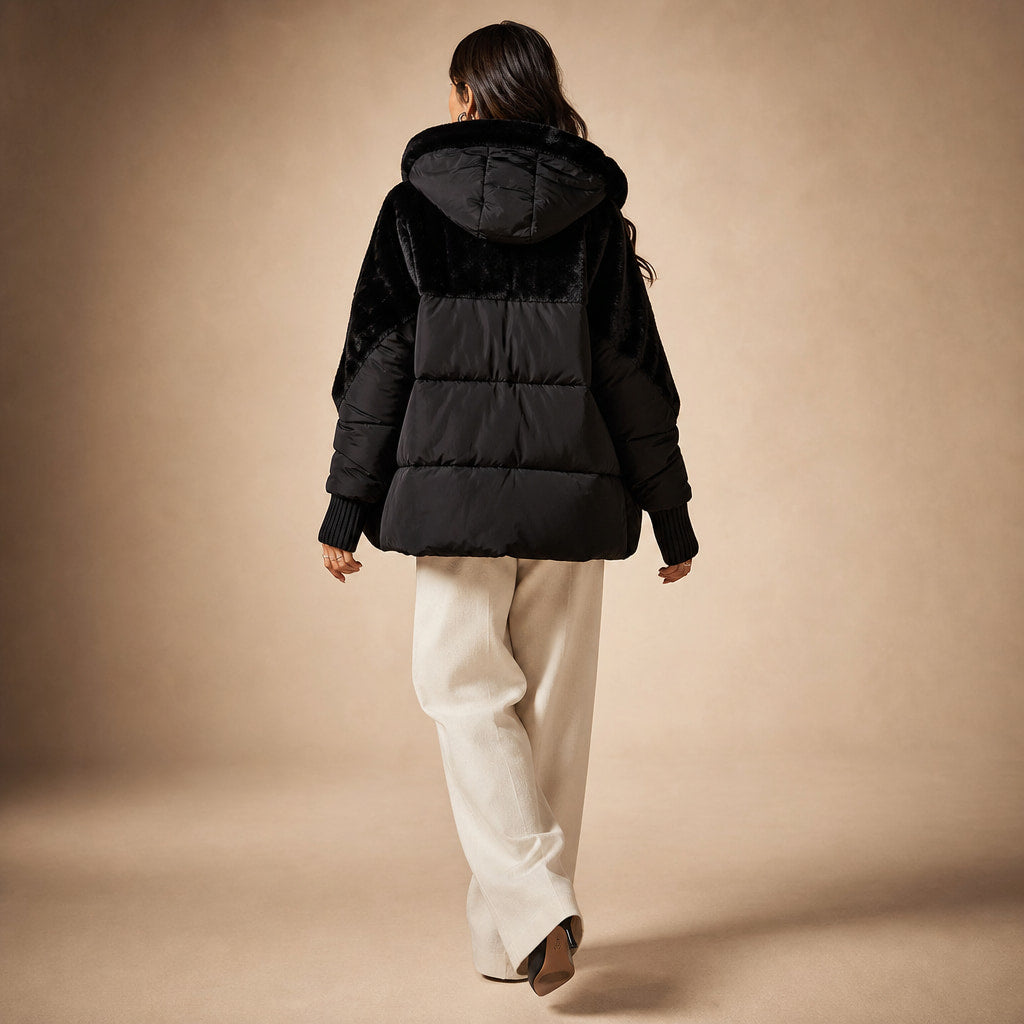 Giacca Puffer Invernale da Donna Oversize con Design Patchwork e Cappuccio Nero – Full Look