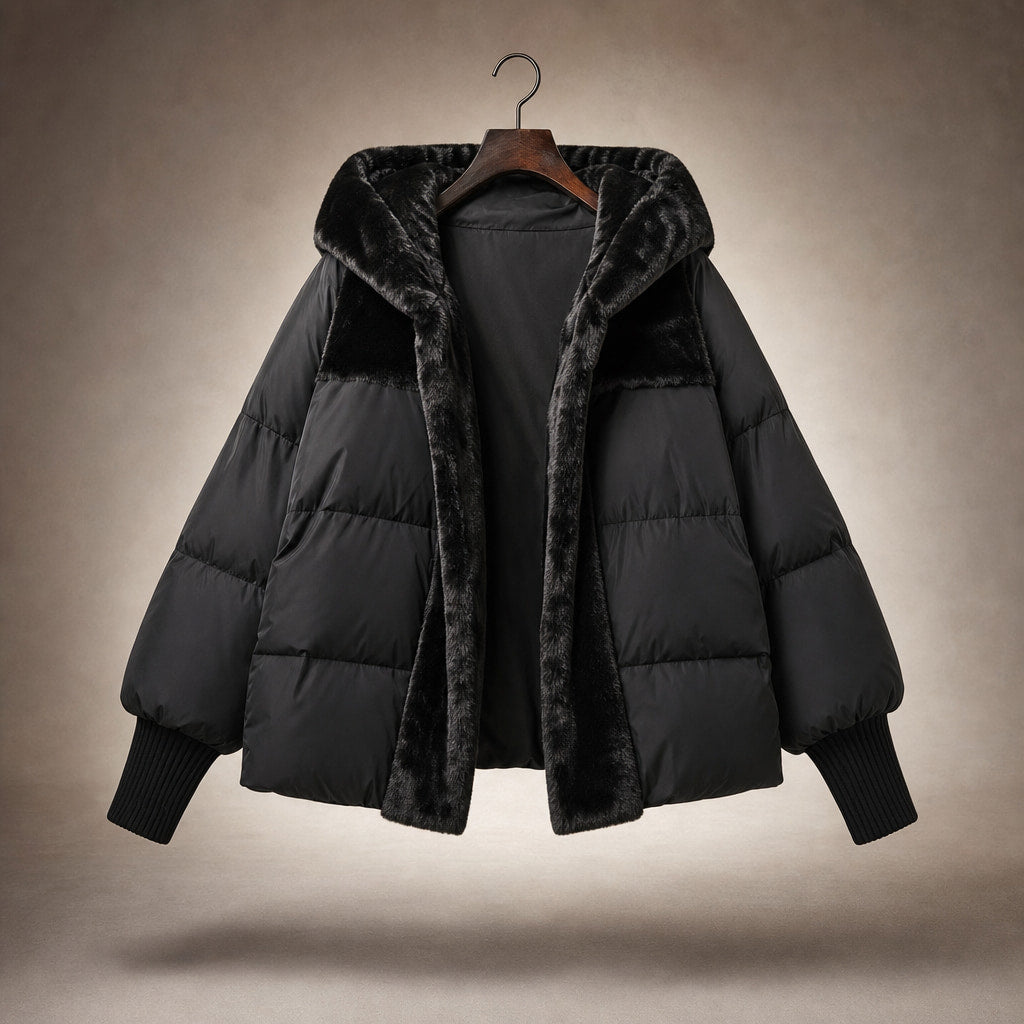 Giacca Puffer Invernale da Donna Oversize con Design Patchwork e Cappuccio Nero – Product Photo