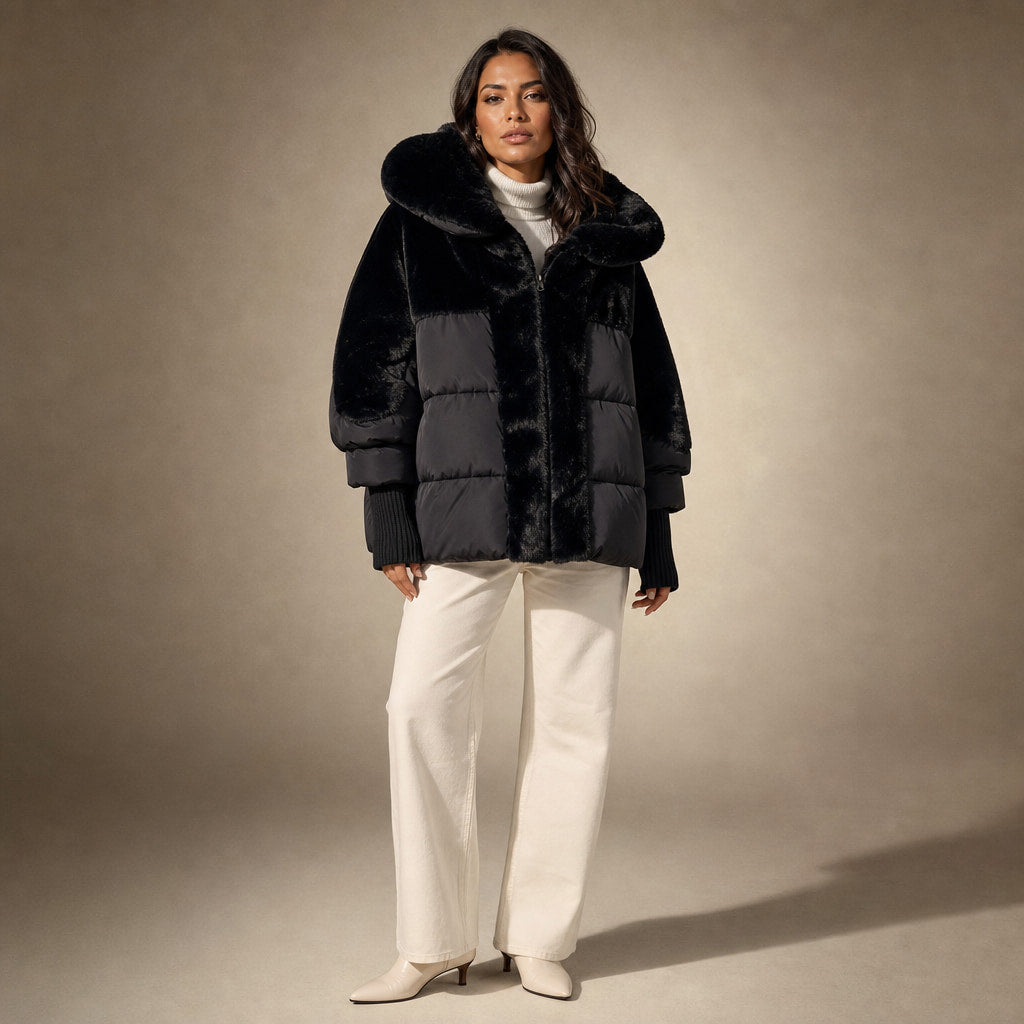 Giacca Puffer Invernale da Donna Oversize con Design Patchwork e Cappuccio in Nero – Mampierimoda Premium Womenswear