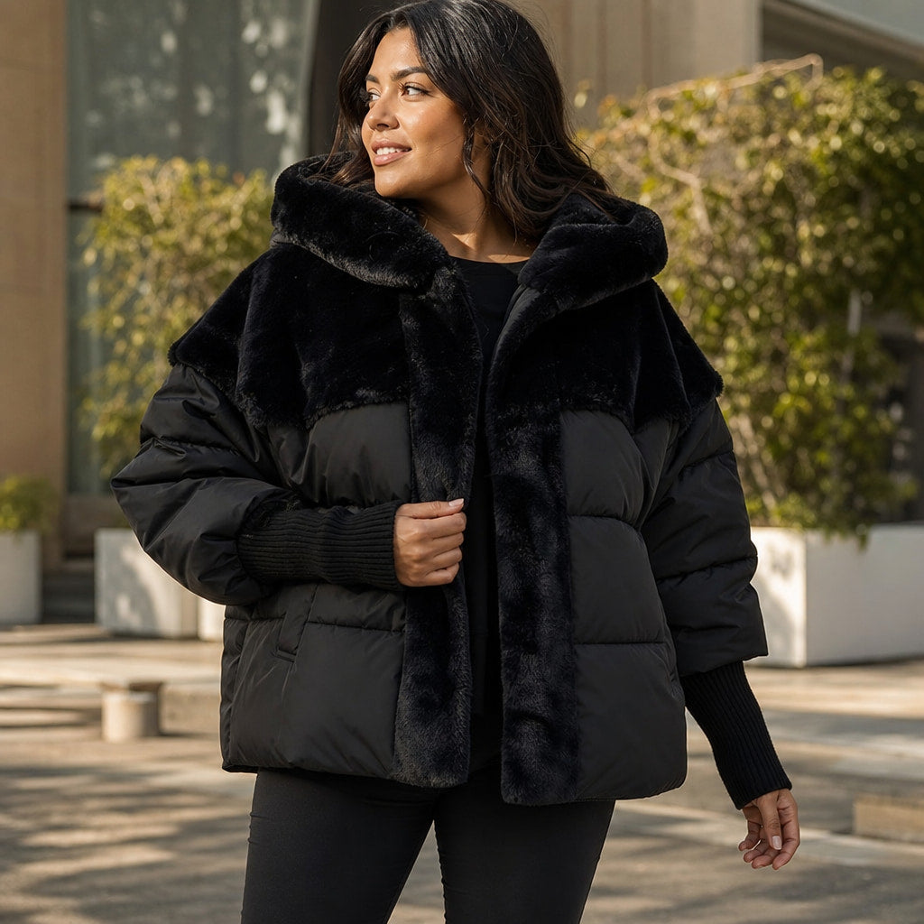 Giacca Puffer Invernale da Donna Oversize con Design Patchwork e Cappuccio Nero – Styled Editorial Shot