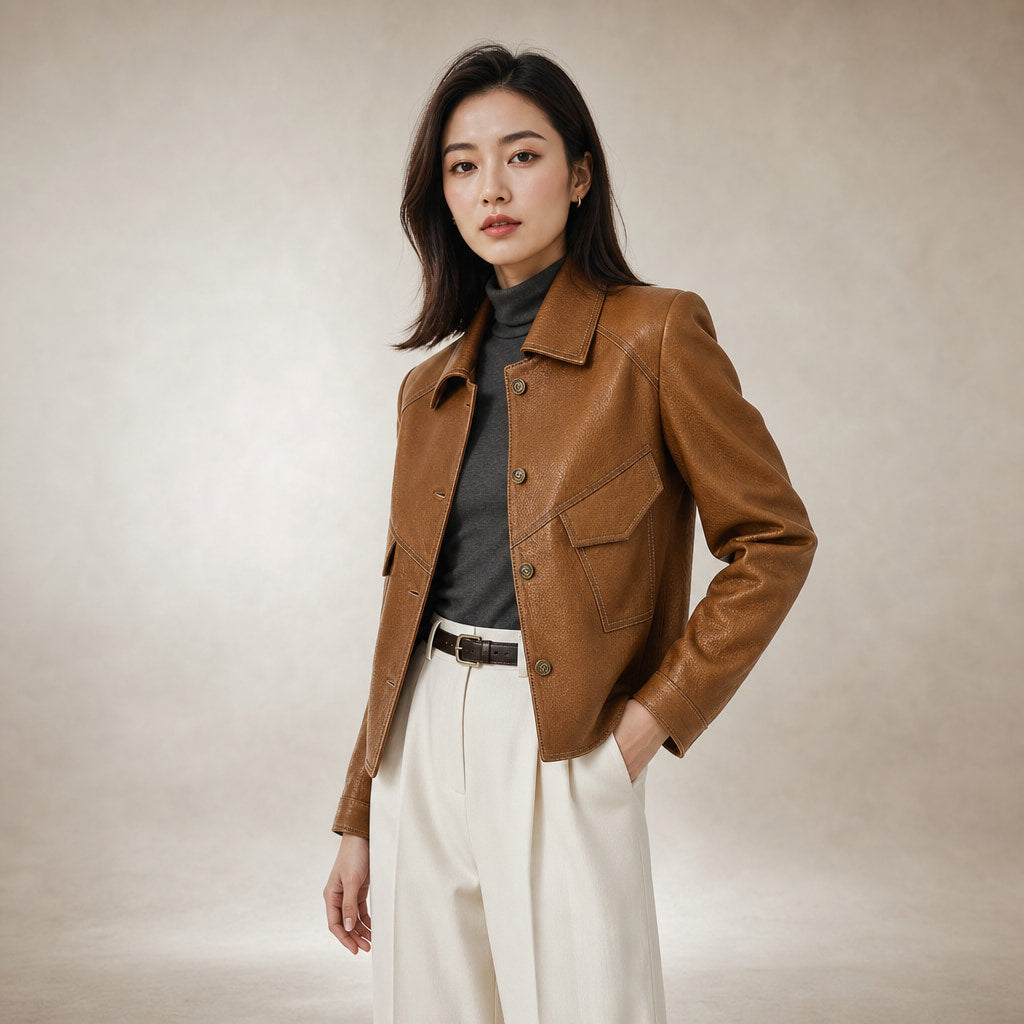 Gianna Classic Leather Jacket Mocha Brown – Side Angle View