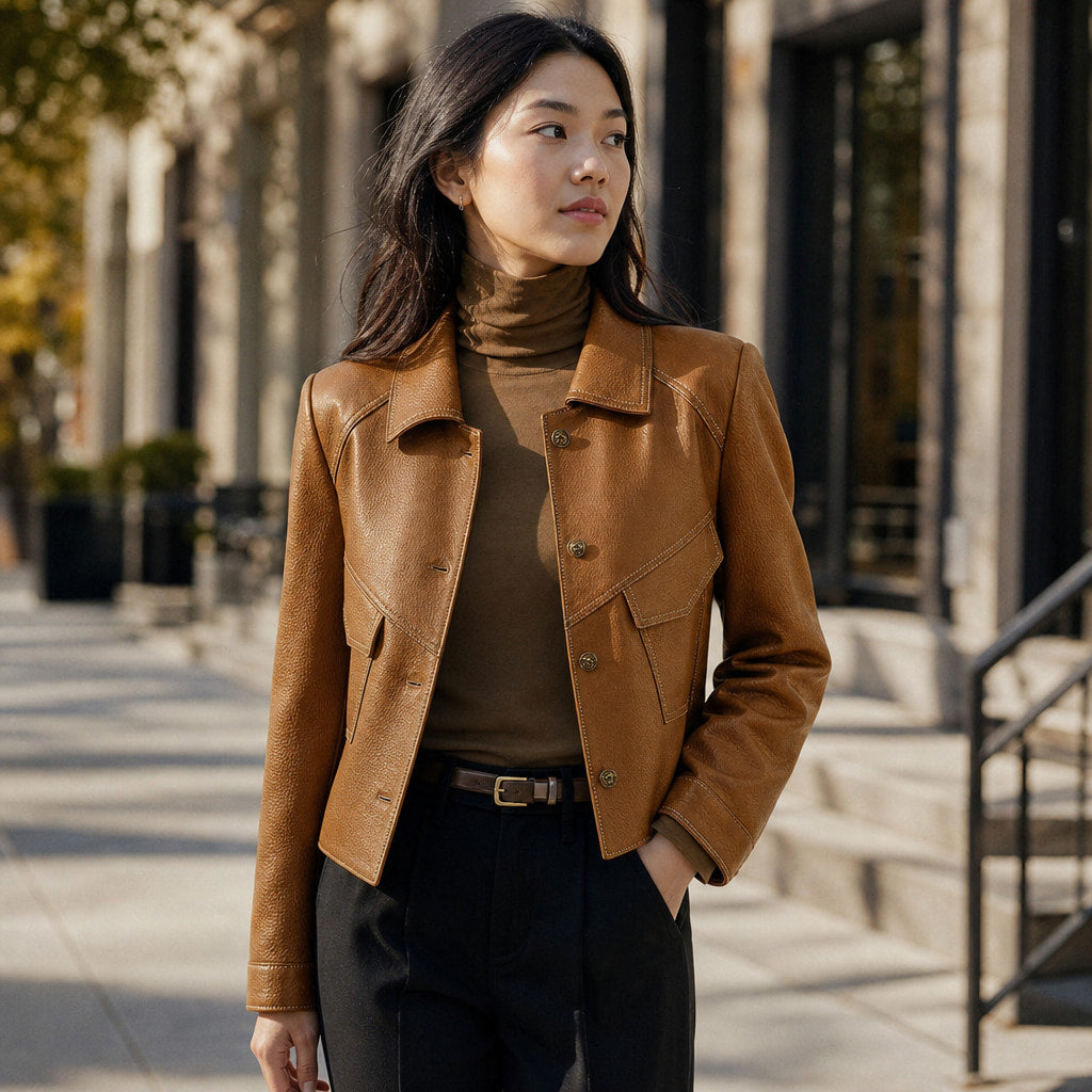 Gianna Classic Leather Jacket Mocha Brown – Styled Editorial Shot