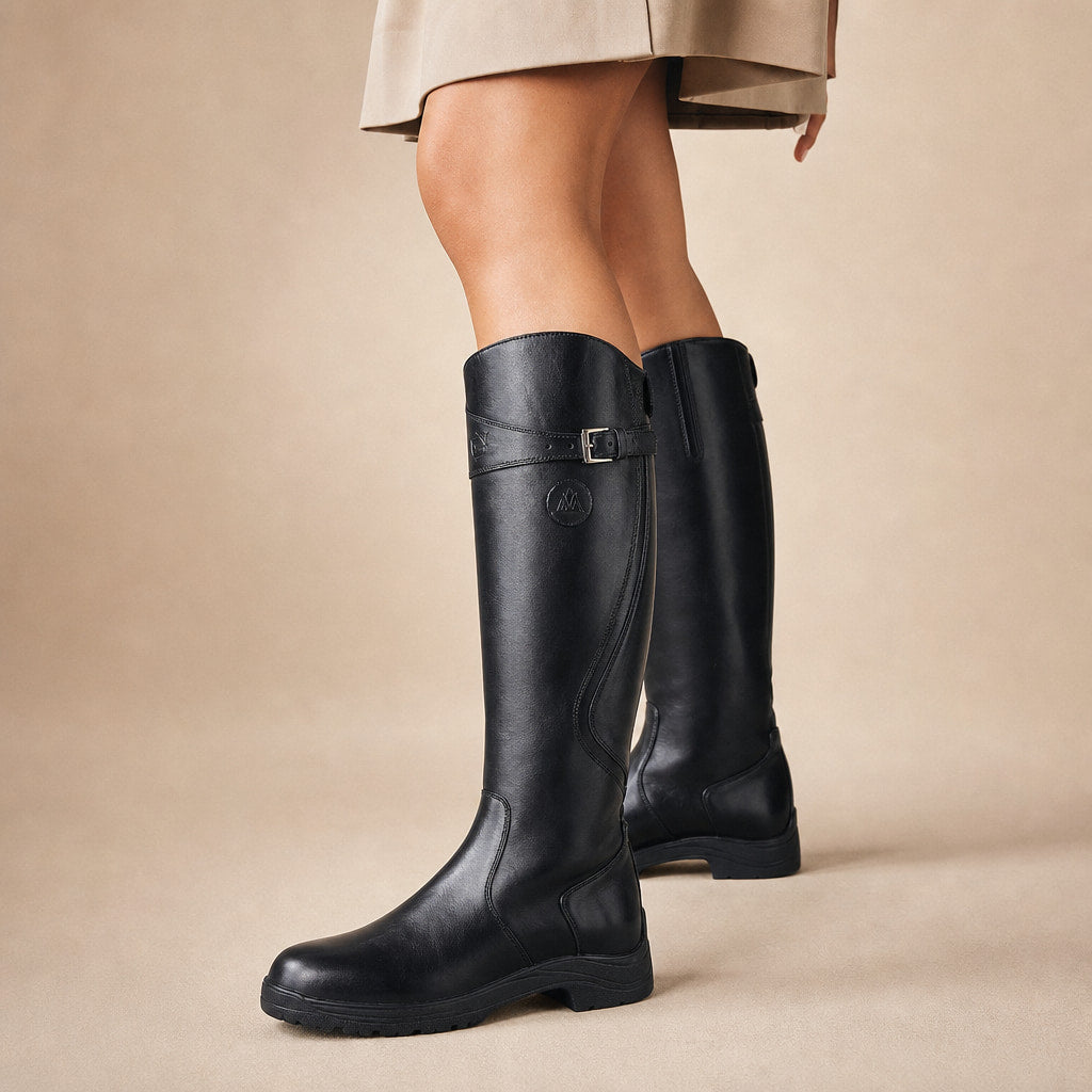 Greta - Women's Knee-High Riding Boots with Buckle Detail Black – Product Photo