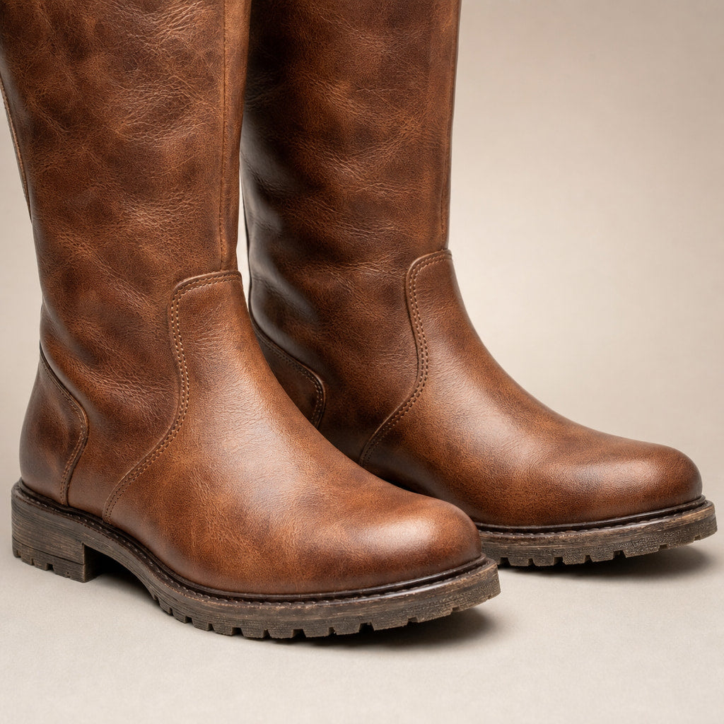 Greta - Women's Knee-High Riding Boots with Buckle Detail Brown – Fabric and Detail Close-Up