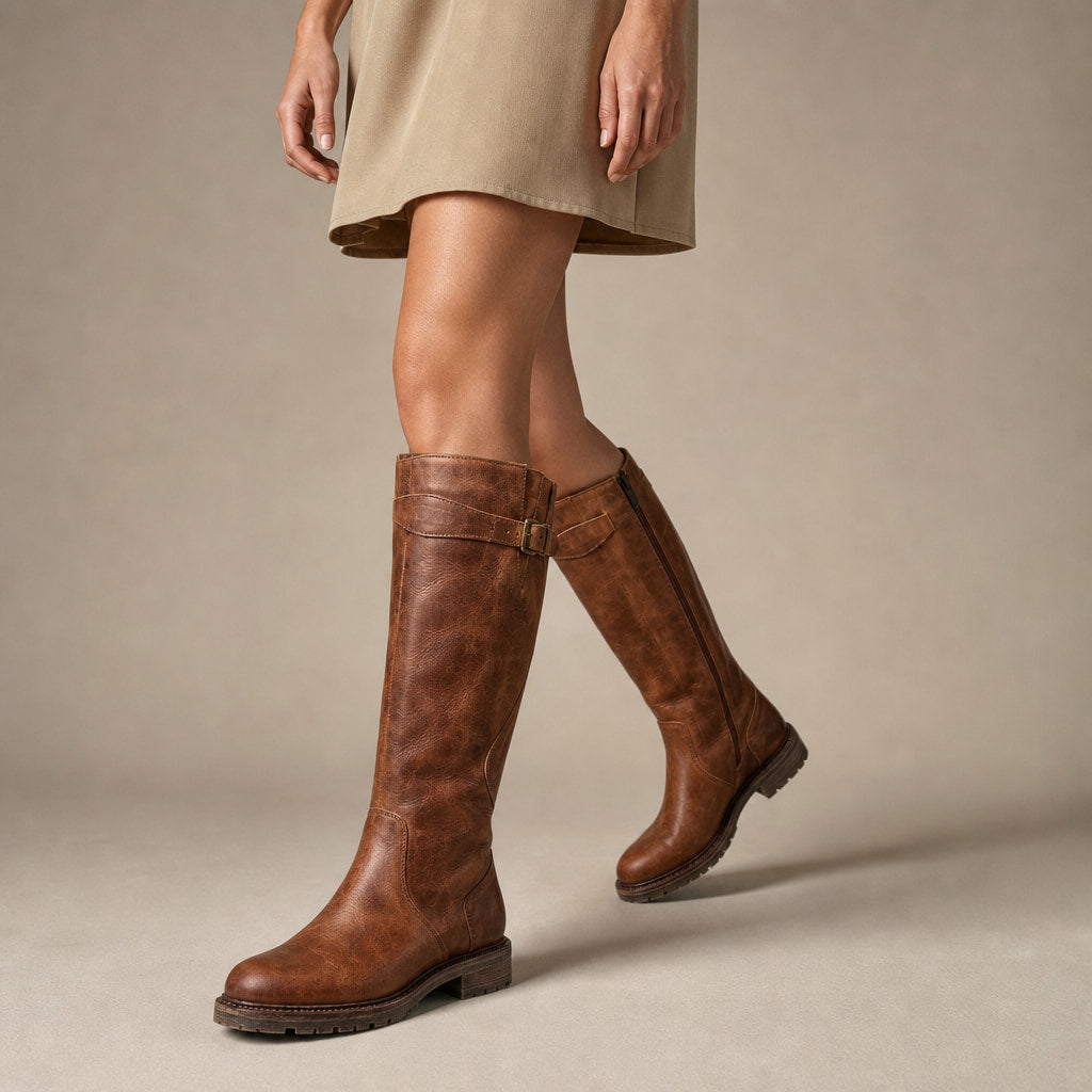 Greta - Women's Knee-High Riding Boots with Buckle Detail Brown – Product Photo