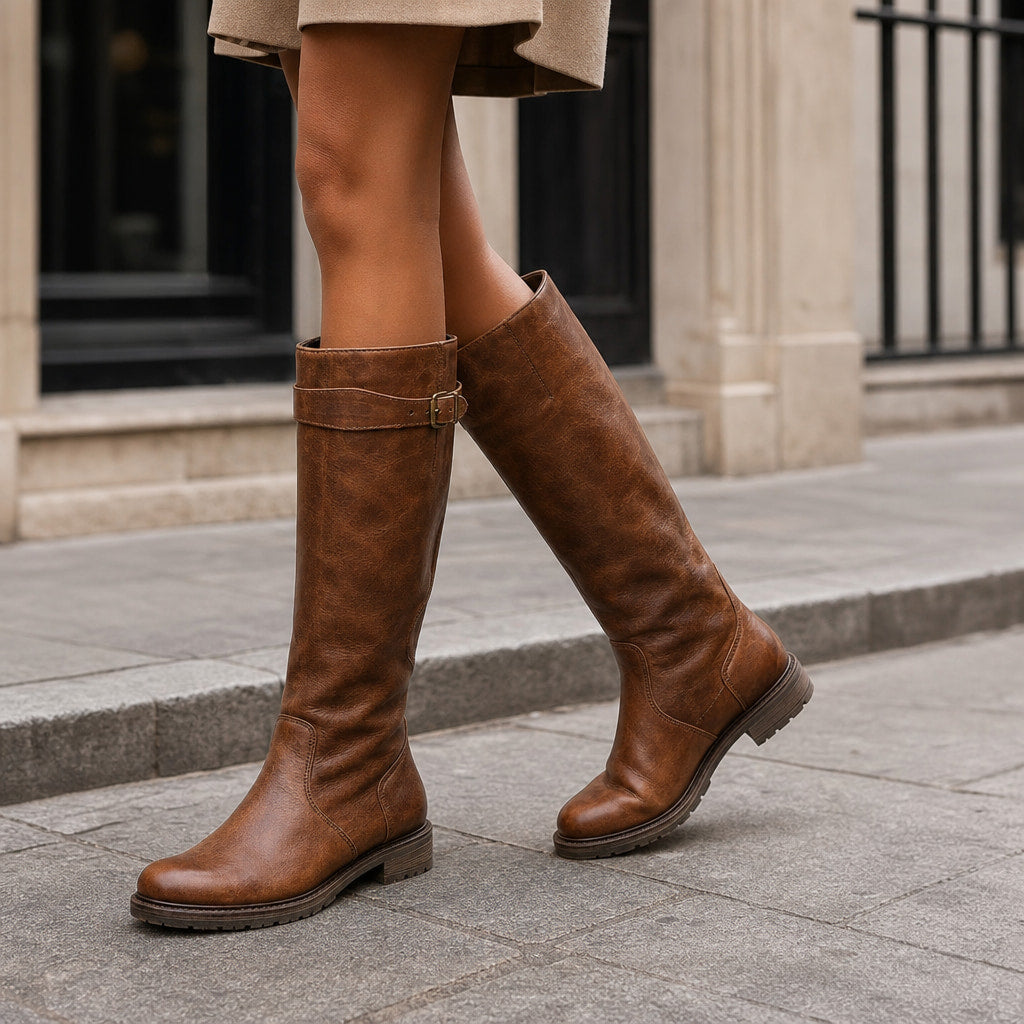 Greta - Women's Knee-High Riding Boots with Buckle Detail Brown – Styled Editorial Shot