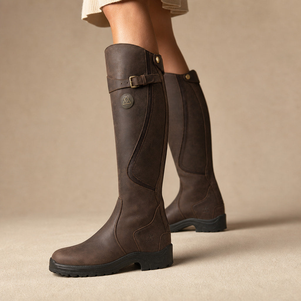 Greta - Women's Knee-High Riding Boots with Buckle Detail in Dark Brown – Mampierimoda Premium Womenswear