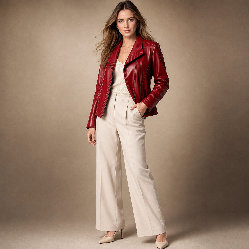 Hellena Leather Jacket Crimson Red – Side Angle View