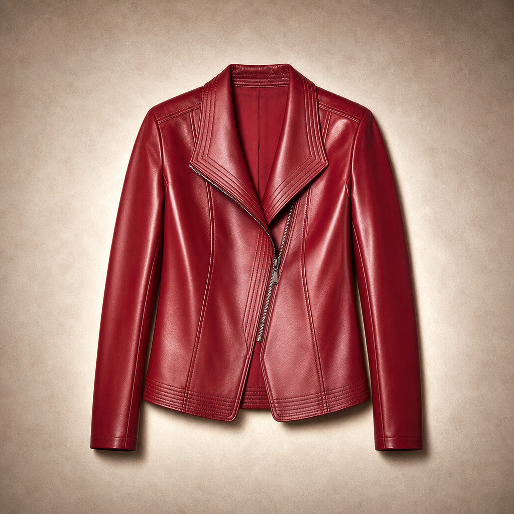 Hellena Leather Jacket Crimson Red – Flat Lay Product Photo