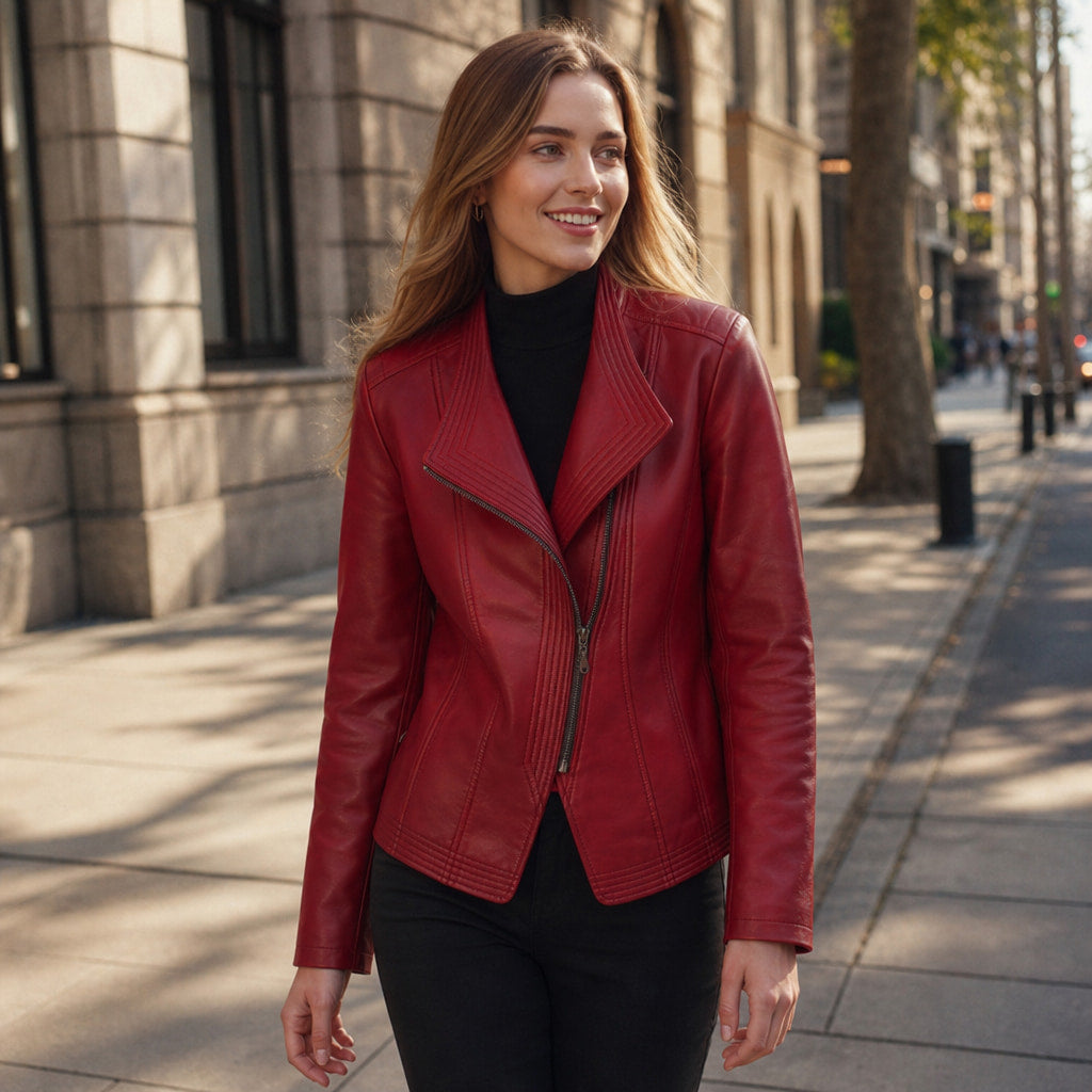 Hellena Leather Jacket Crimson Red – Styled Editorial Shot