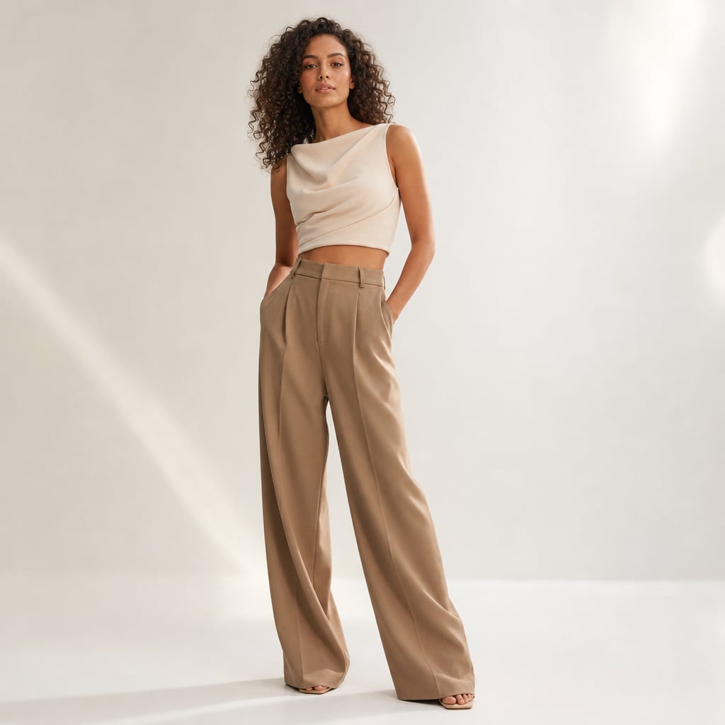 High Waist Wide Leg Tailored Pants Summer Camel – Side Angle View