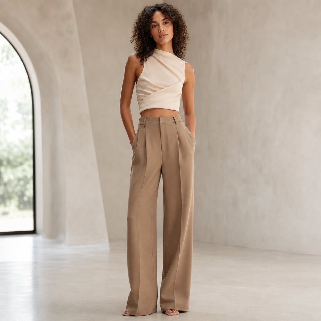 High Waist Wide Leg Tailored Pants Summer Camel – Styled Editorial Shot