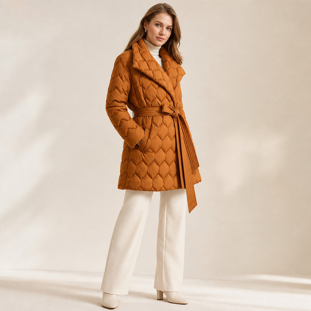 Isabella Quilted Down Coat Amber Orange – Side Angle View