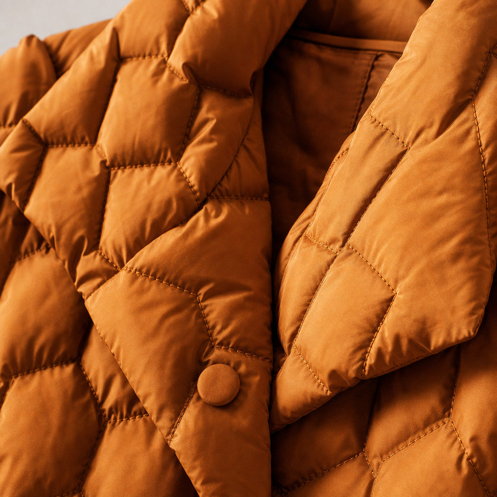 Isabella Quilted Down Coat Amber Orange – Fabric and Detail Close-Up