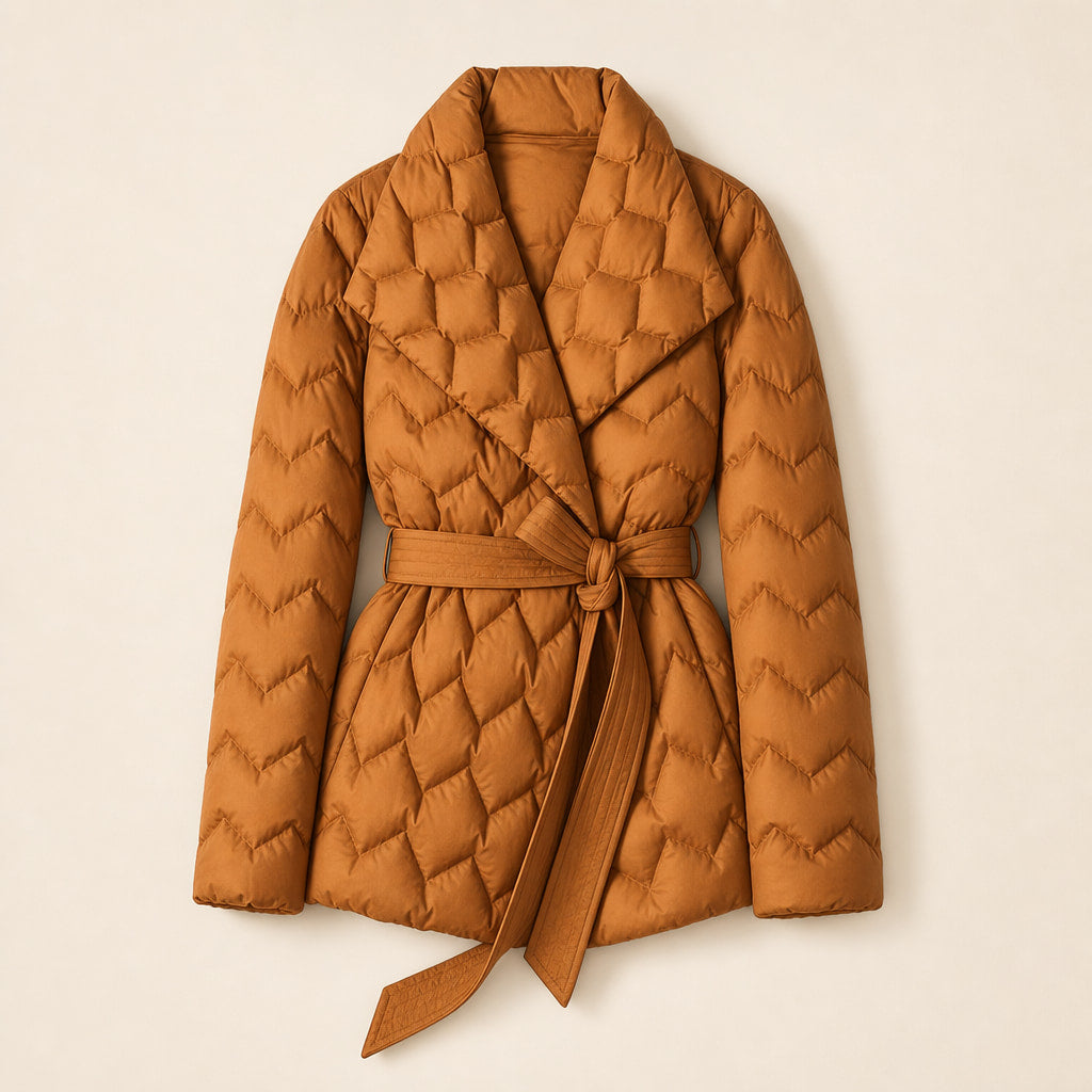 Isabella Quilted Down Coat Amber Orange – Flat Lay Product Photo