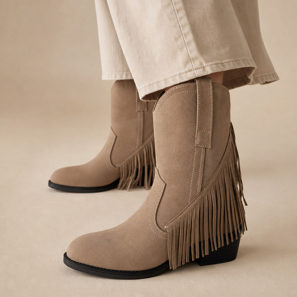 Stylish And Classic Wide Calf Cowboy Boots Beige – Product Photo