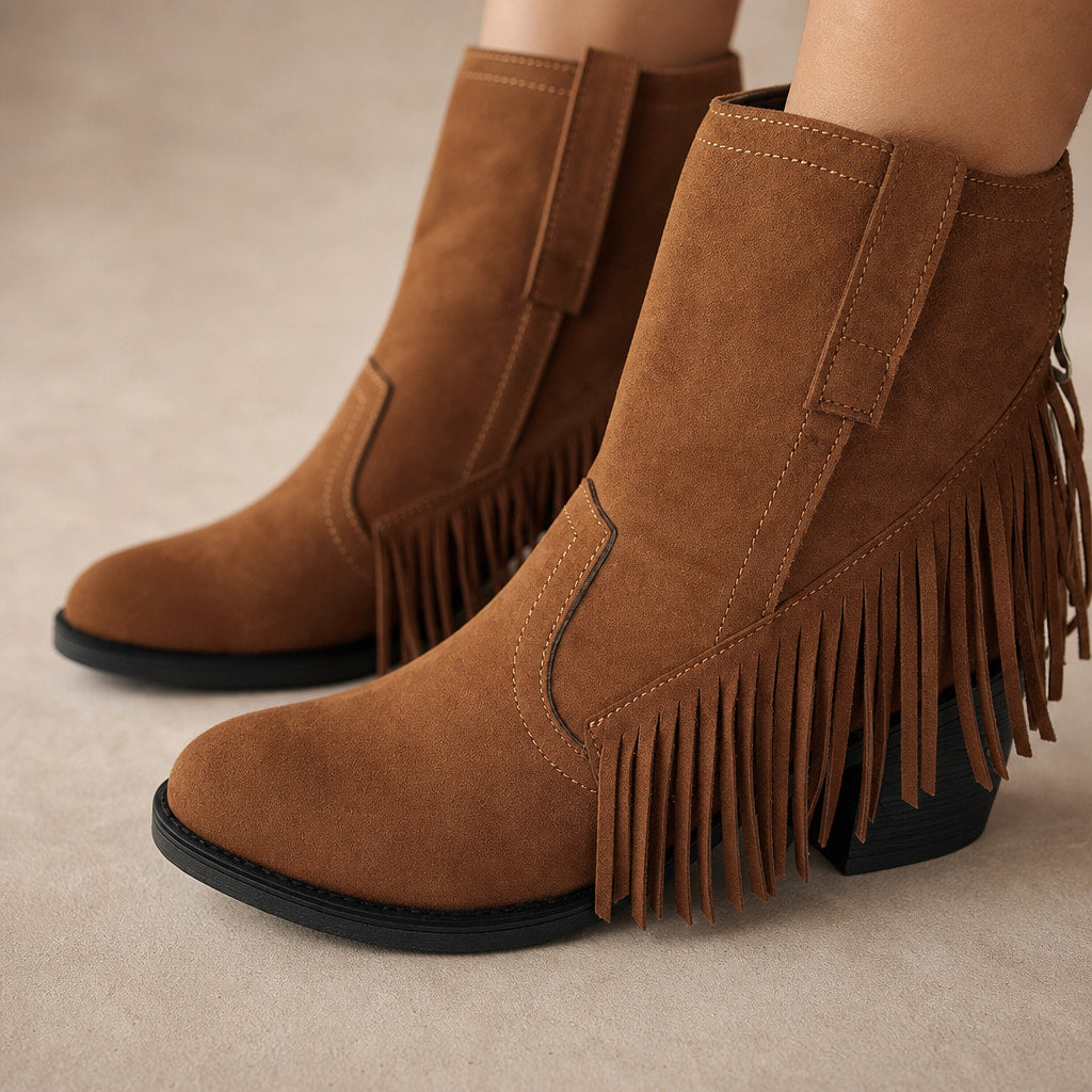 Stylish And Classic Wide Calf Cowboy Boots Brown – Fabric and Detail Close-Up