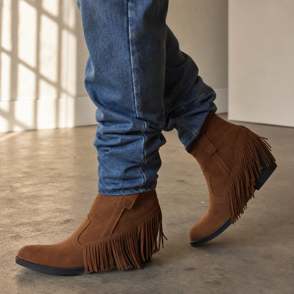 Stylish And Classic Wide Calf Cowboy Boots Brown – Styled Editorial Shot, Detail