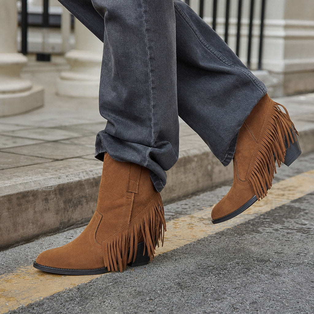 Stylish And Classic Wide Calf Cowboy Boots Brown – Styled Editorial Shot