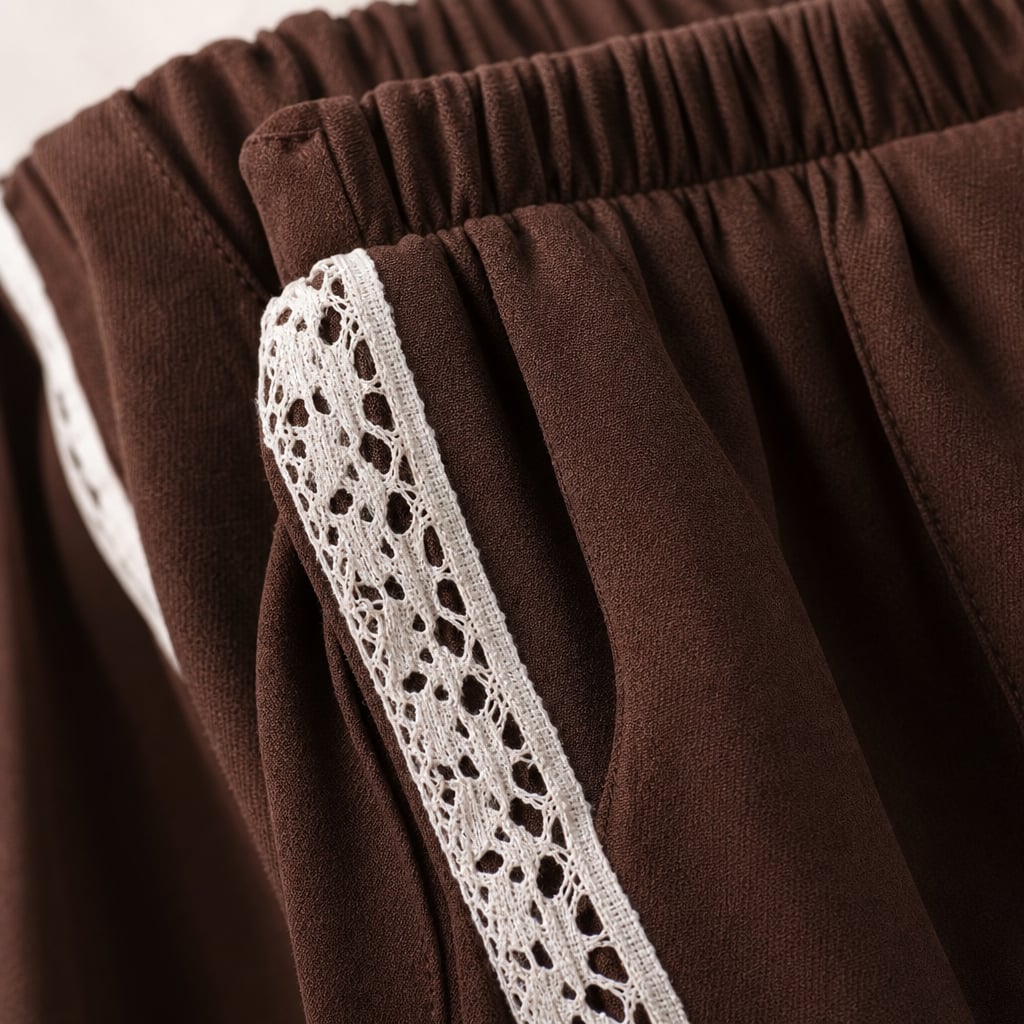 Isaiah Racer Stripe Pleated Trackpants - Chocolate/Lace Chocolate/Lace – Fabric and Detail Close-Up