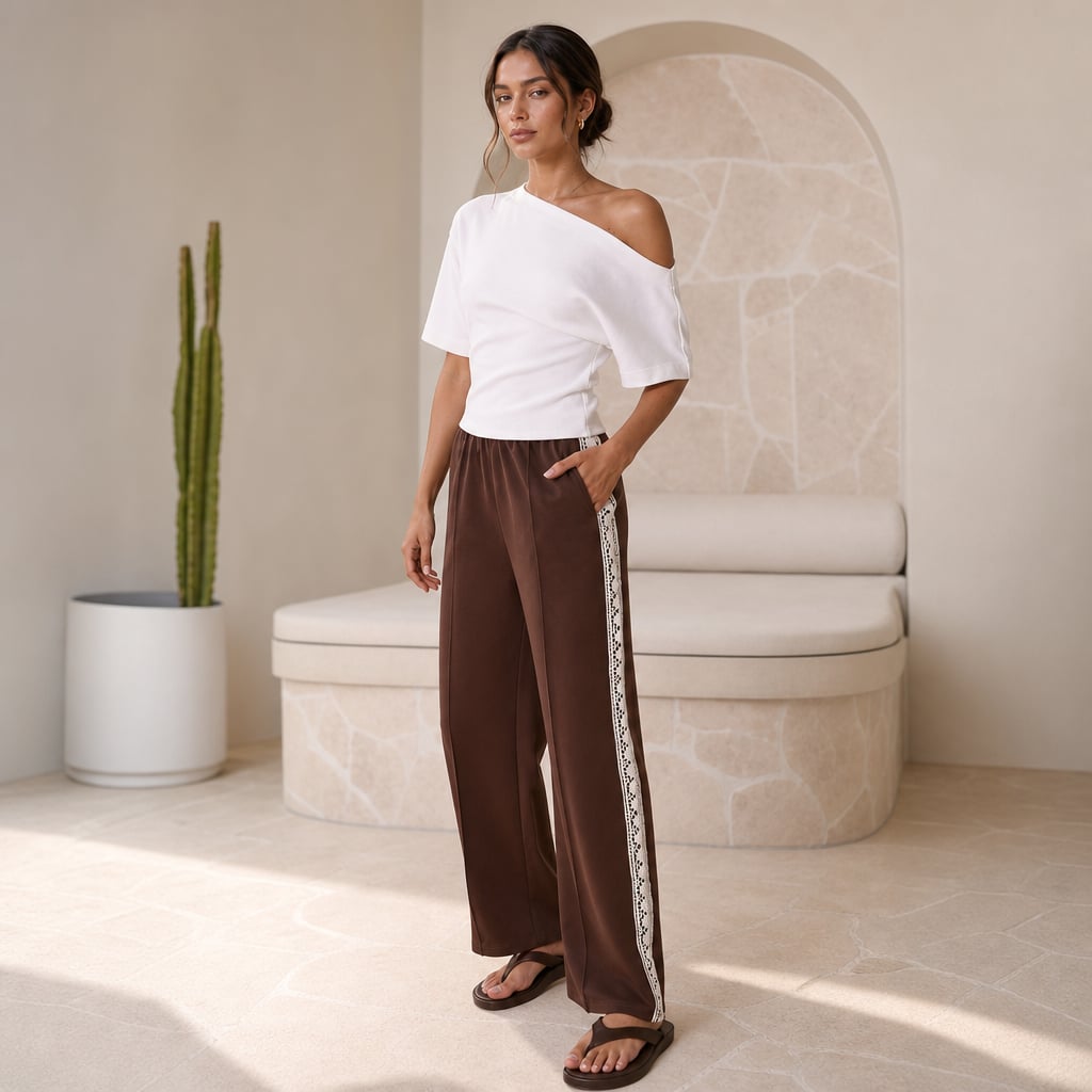 Isaiah Racer Stripe Pleated Trackpants - Chocolate/Lace Chocolate/Lace – Styled Editorial Shot