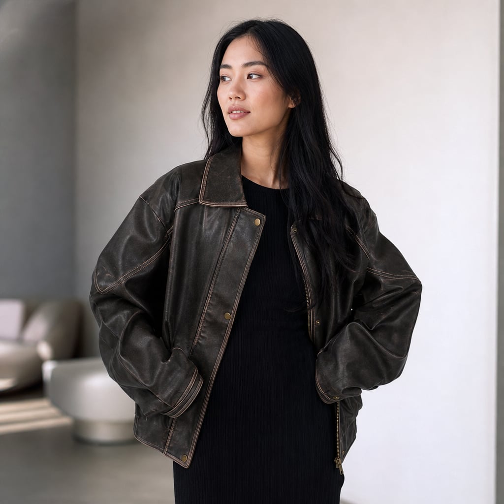 Jorja Bomber Jacket Vintage Charcoal Brown CharcoalBrown – Styled Editorial Shot