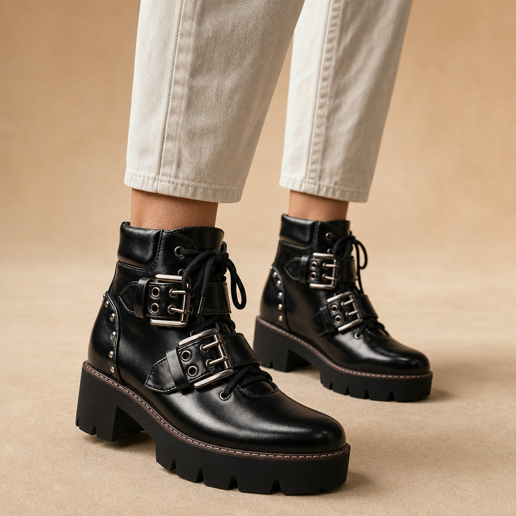 Bold Heritage Buckle Leather Ankle  Boots in Jaguar Black – Mampierimoda Premium Womenswear