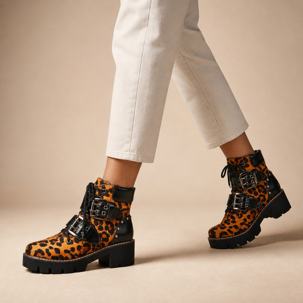 Bold Heritage Buckle Leather Ankle  Boots Leopard Orange – Product Photo