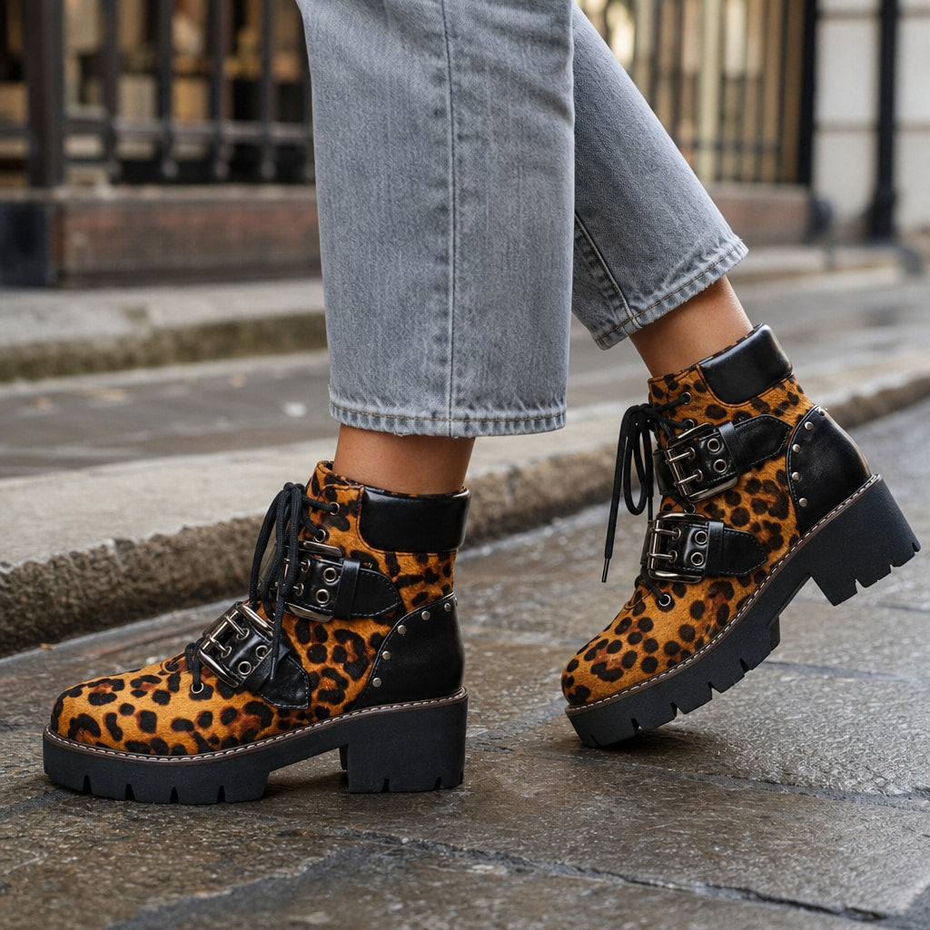 Bold Heritage Buckle Leather Ankle  Boots Leopard Orange – Styled Editorial Shot