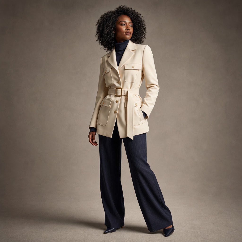 Julia Couture Belted Jacket Cream Beige – Side Angle View