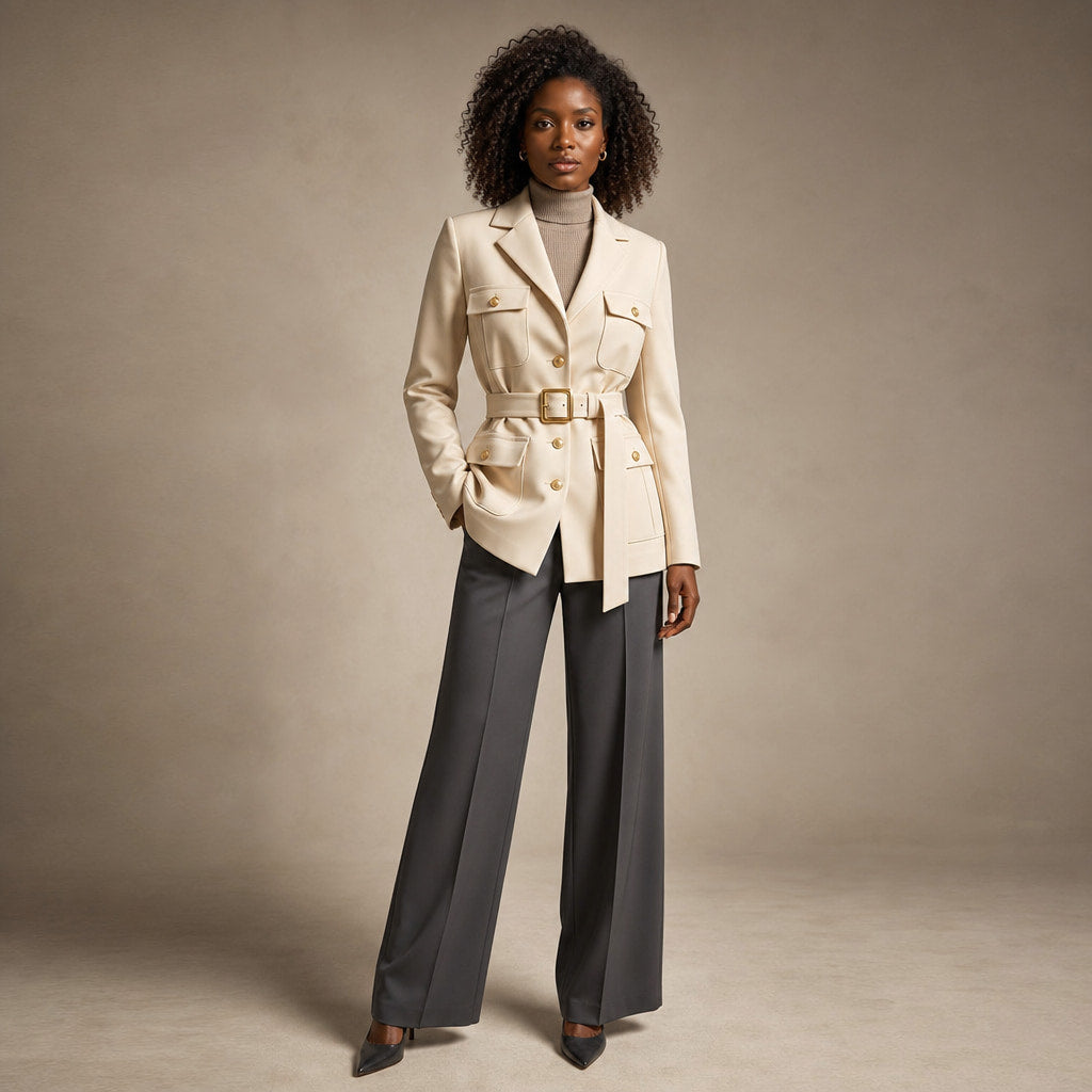 Julia Couture Belted Jacket Cream Beige – Full Look